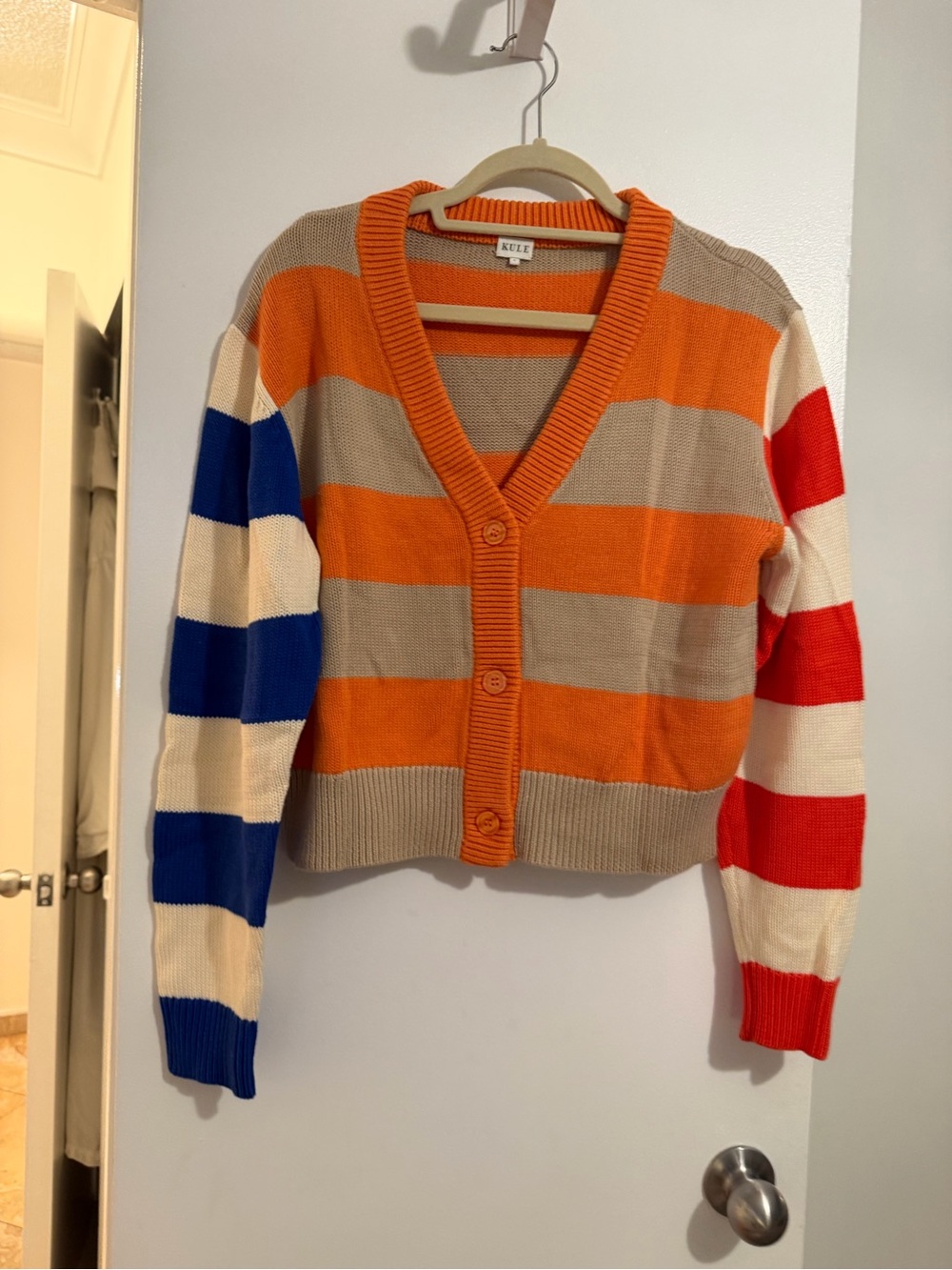 KULE Multicolor Striped V-Neck Button Cardigan - Orange/Beige/Blue/Red